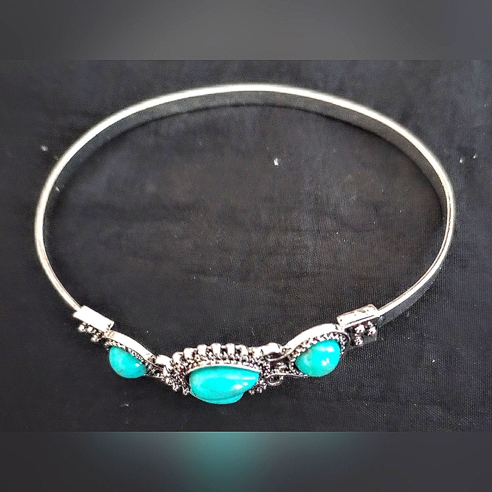 SILVER ORNATE BRACELET WITH TURQUOISE COLOR STONES, ADJUSTABLE,9" CIRCUMFERENCE